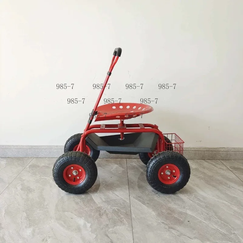 Telescopic Handle Garden Tool Cart 360 Degree Rotating Seat Four-wheel Iron Gardening Car