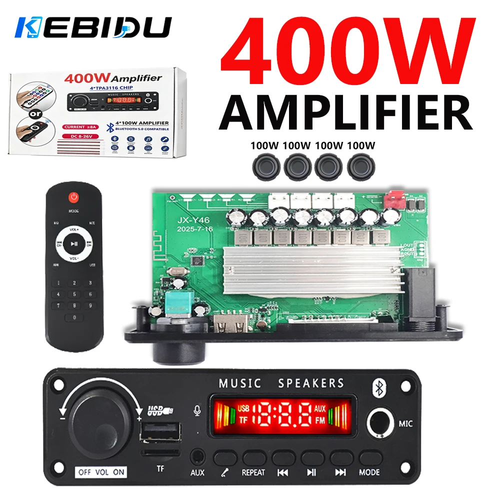 KEBIDU 400W Amplifier Car MP3 Player Bluetooth Audio Decoder Board 8A 26V Handsfree DIY Music Player Mic SB TF FM Volume Control