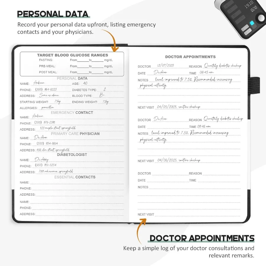 Libro de registro para la diabetes: registro diario de azúcar en sangre para el libro de viaje de glucosa para la diabetes tipo 1 y 2. Registro de glucosa en sangre y dosis de insulina