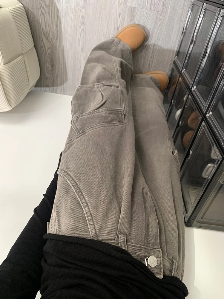 Amerikanische Retro-Multi-Komponenten-Arbeitskleidung Denim-Hose mit Hoher Taille, Geradem Bein, Bodenlang, Lose Weite Hose für Damen