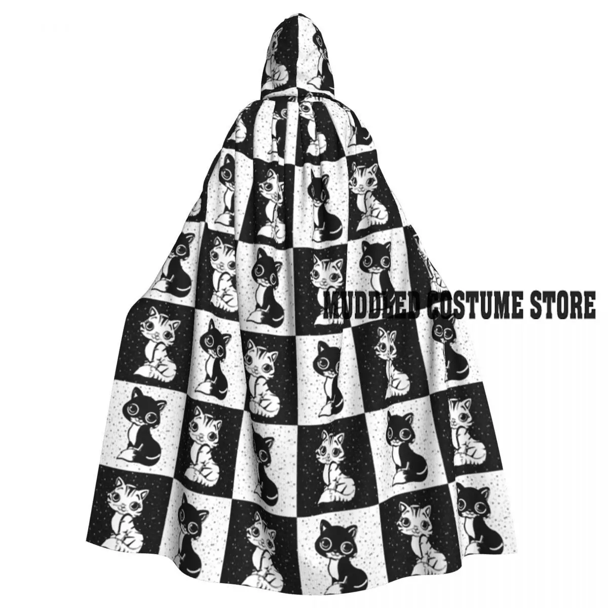 

Black White Cat Long Hooded Cloak Witch Medieval Costume Cosplay Cape HalloweenVampire Adult Unisex