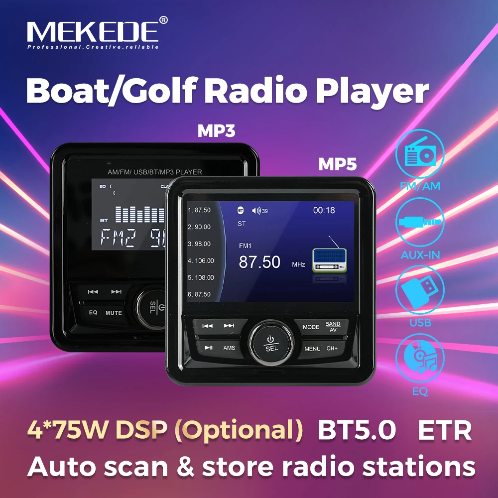 

4.1 Inch Boat Radio Square Marine Stereo FM AM Media Player Waterproof FM Receiver with Button for RV UTV ATV SPA RZR Golf Carts