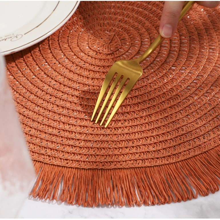 1pc Bohemian Woven Rattan Round Placemat Handmade Fringe Edge Heat Resistant Place Mat Pads for Home Dining Table Party Decor
