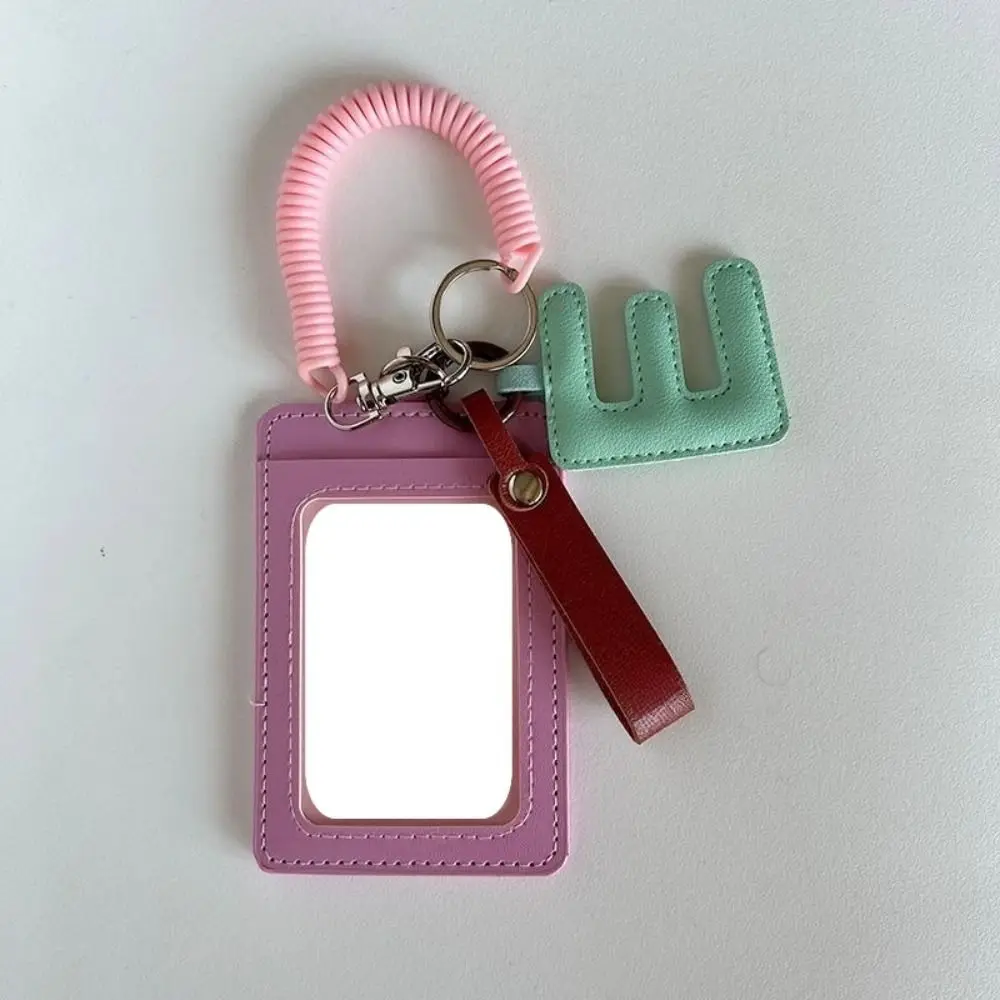Tarjetero de cuero PU coreano con colgante de letra, funda protectora transparente para fotos, tarjetero de identificación
