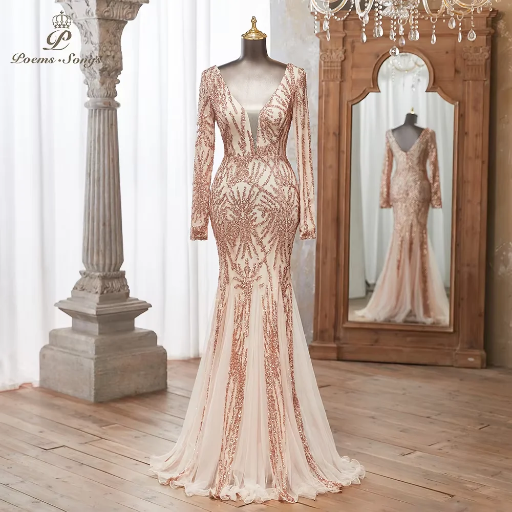 

Customized Luxurious Long Sleeve Sequin Gown Deep V-Neck Embellished Pattern Mermaid Formal Dress Elegant Evening Special Events