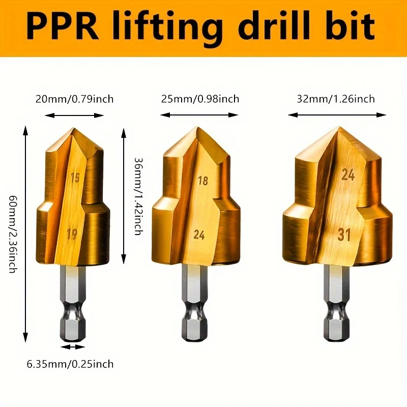 New 1/3Pcs PPR Lifting Drill Bit 20/25/32mm Titanium Step Drill Set Hex Shank Hole Opener,Core Drill Bits for Water Pipe Reaming