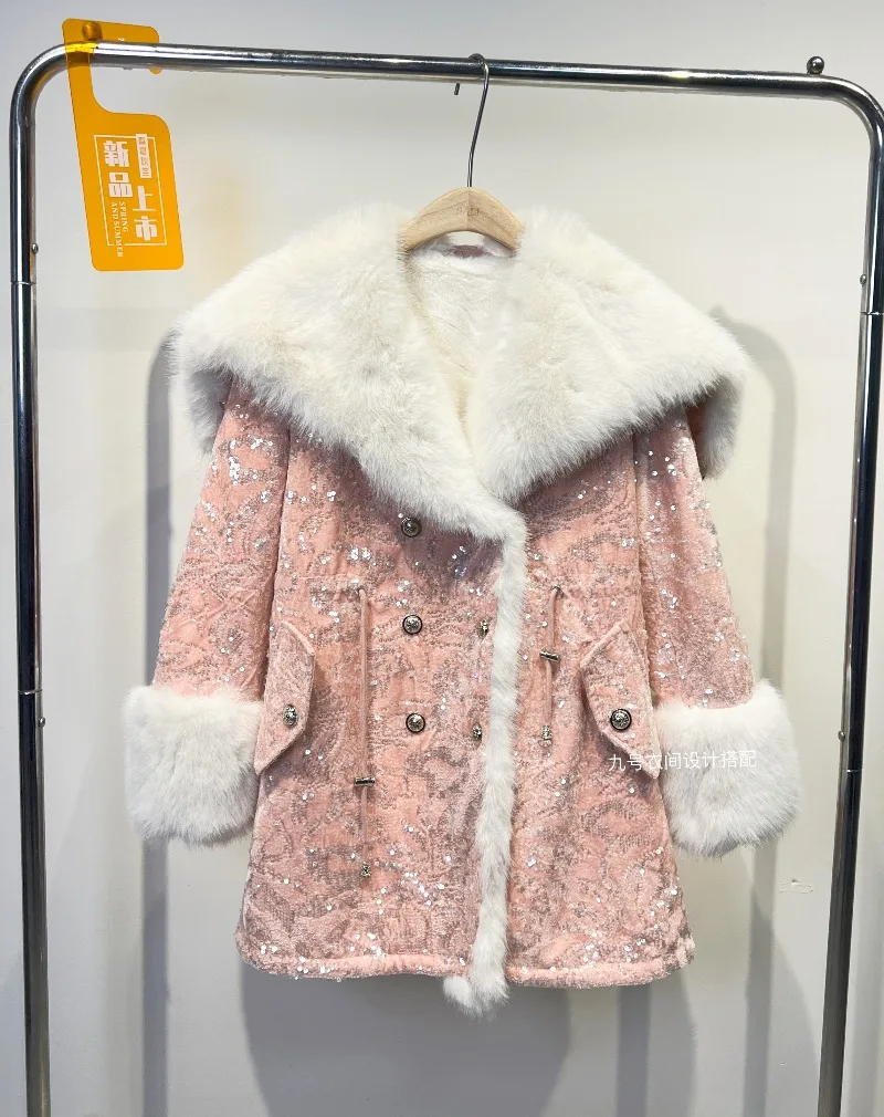 Elegant Chic Luxury Heavy Embroidery Sequin Eco-Friendly European Mink Furry Coat New Winter Double-breasted Faux Fur Jacket