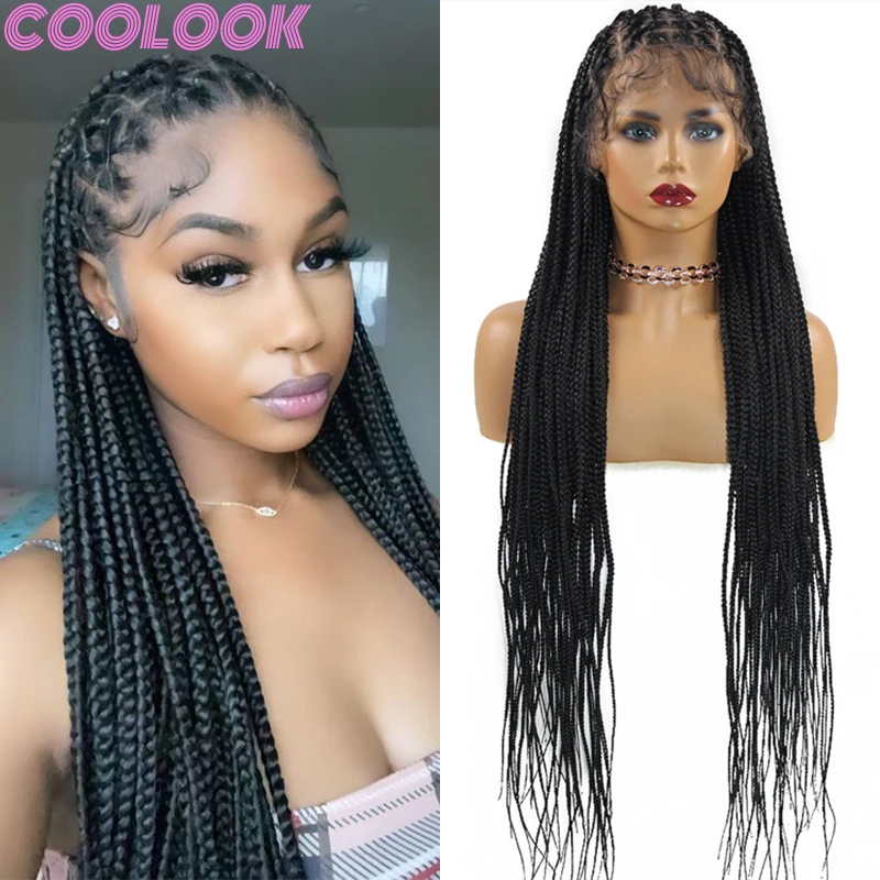 36 Inch Full Lace Synthetic Box Braid Wigs Black Criss Cross Knotless Crochet Braids Wig Durable Silky Braided Lace Frontal Wigs