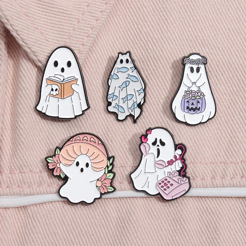Cartoon Mushroom Floral Ghost Pumpkin Badge Brooch Pins Cute Halloween Calling Ghost Lapel Pin Accessory On Backpack Clothing De