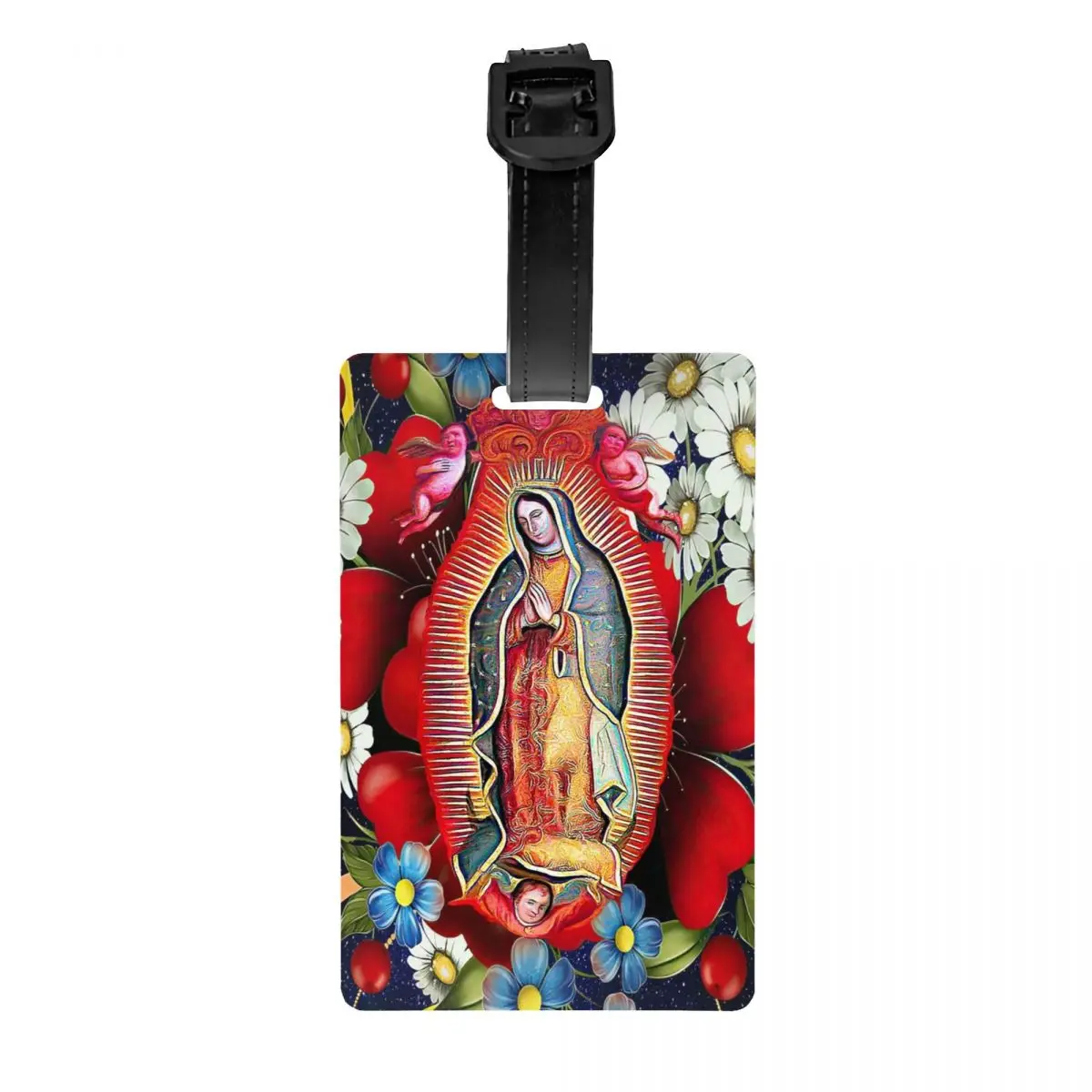 Custom Our Lady Of Guadalupe Luggage Tag Mexican Virgin Mary Mexico Flowers Tilma Travel Bag Suitcase Privacy Cover ID Label