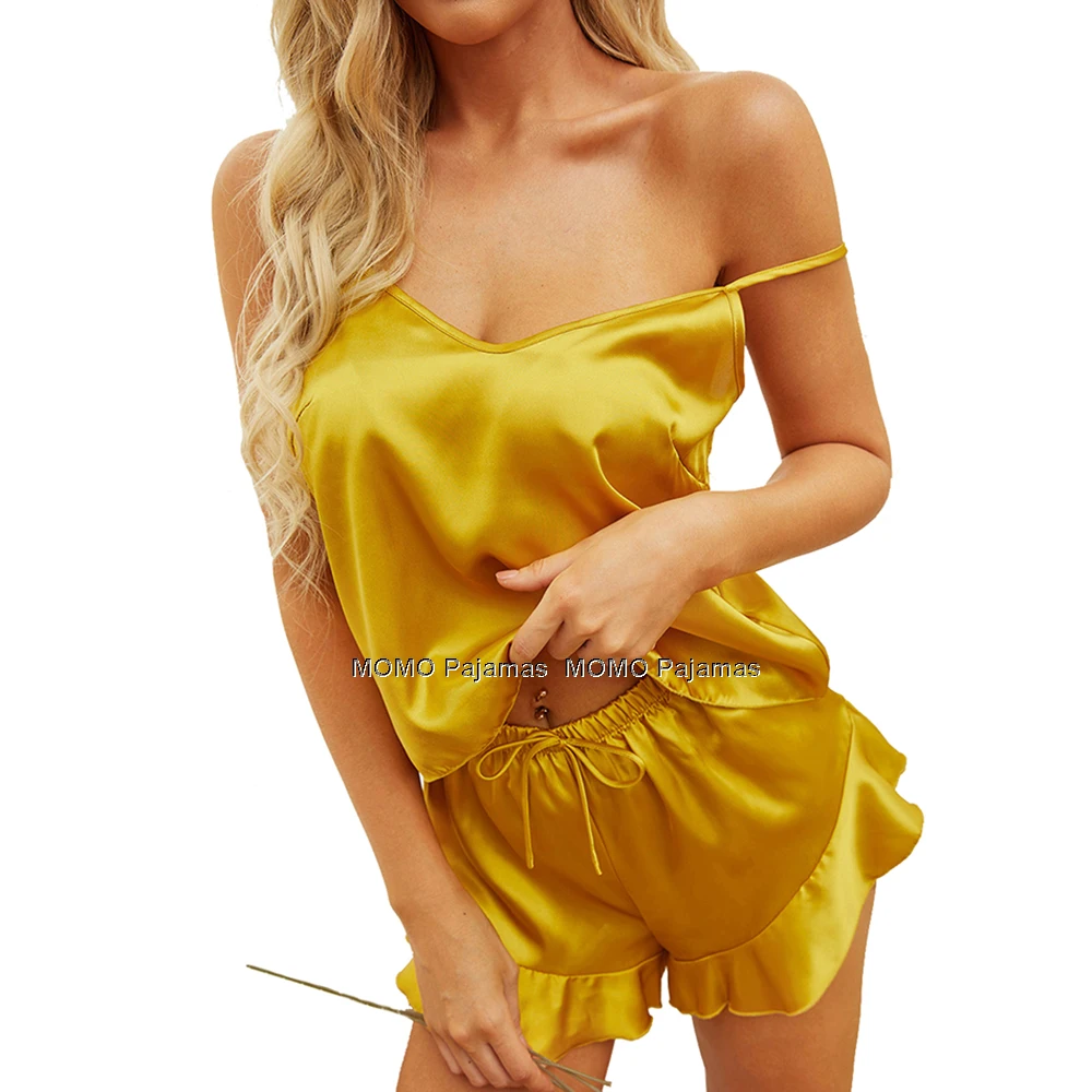 

Soft Silk Pajamas Set for Women Satin Lingerie Sleepwear Silk Cami Ruffled Shorts Set Nightwear Summer Home Clothes Pijama Mujer