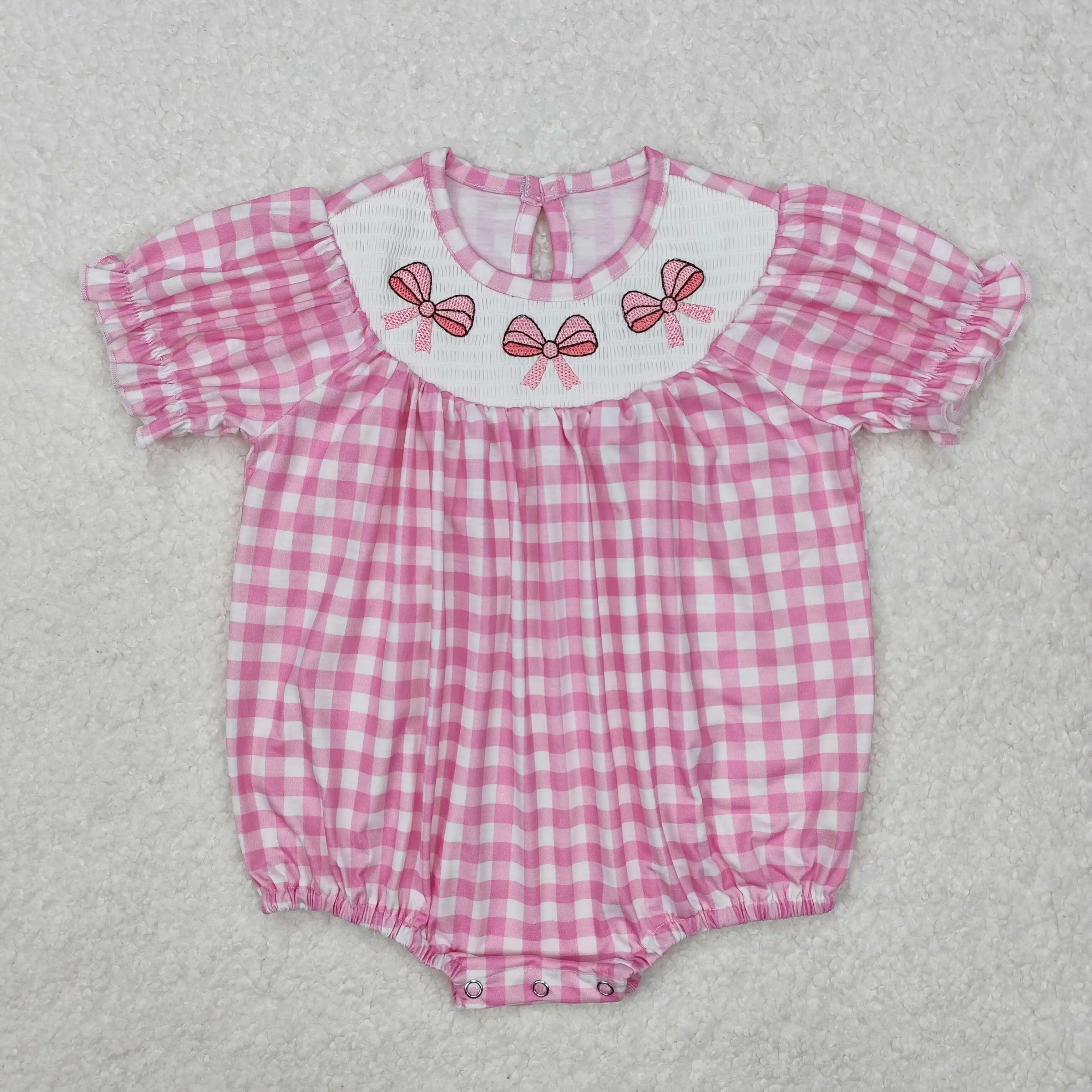 

Summer baby girl New rts rompers wholesale boutique embroidery smocked bow pattern pink plaid short sleeve romper