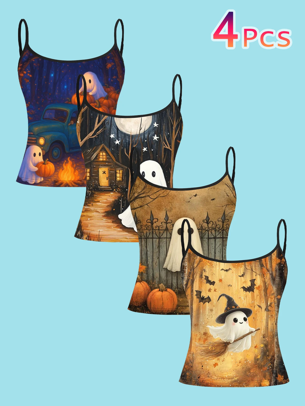 4-Piece Set of Vintage Cute Little Ghost Halloween Pumpkin Wooden House Print Camisole Tops for Women, Autumn Halloween Spaghetti Strap Slim-Fit Inner Wear Tops