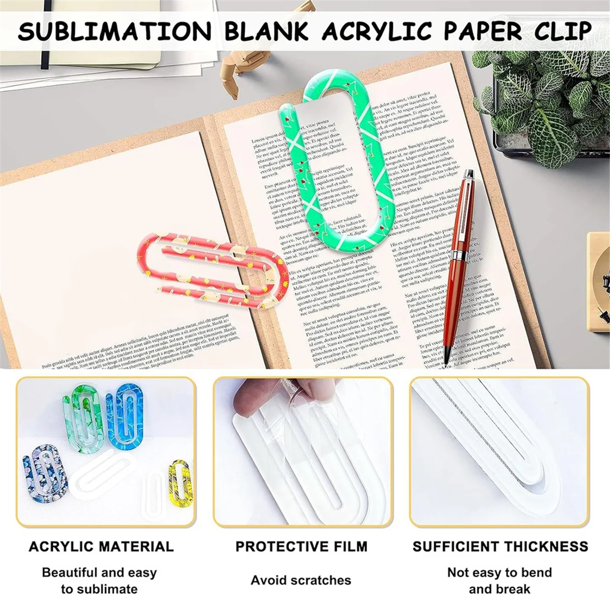 A002 10 Pack Sublimation Blanks Acrylic Paper Clips, 4 Inch X 2 Inch Jumbo Paper Clips Clear for Heat Transfer DIY Design