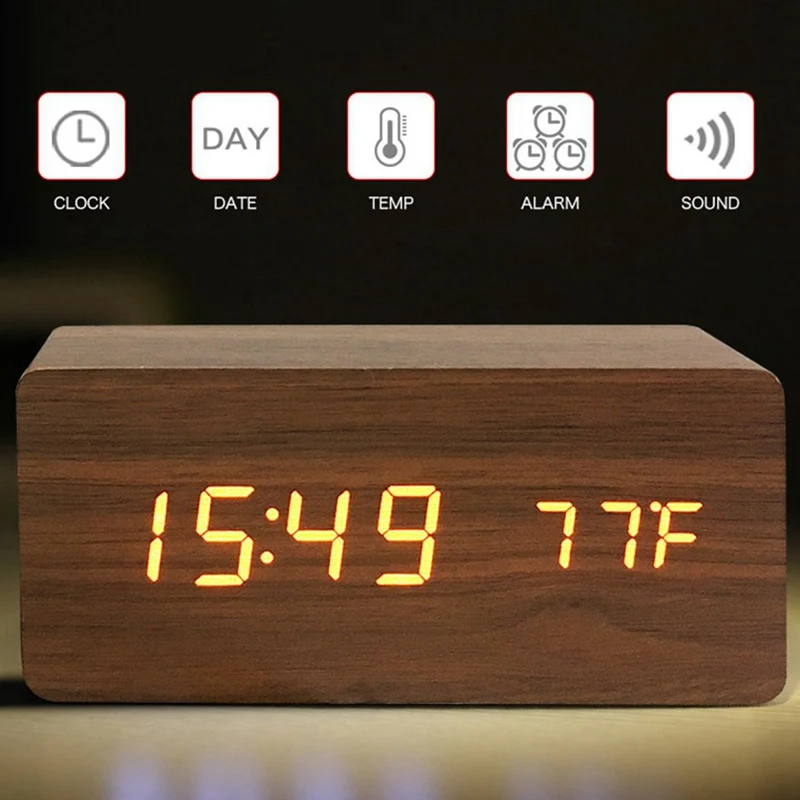 Digitaler Wecker aus Holz, LED-Wecker mit Temperatur-Schreibtischuhren für Büro, Nachttischuhr – Detail 4