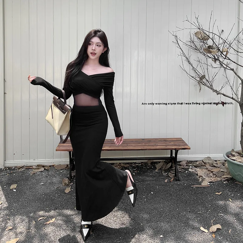 Gonna a sirena aderente nera trasparente con scollo a barchetta incrociata vintage Abiti maxi autunnali da donna delicati con giunture slim fit sexy