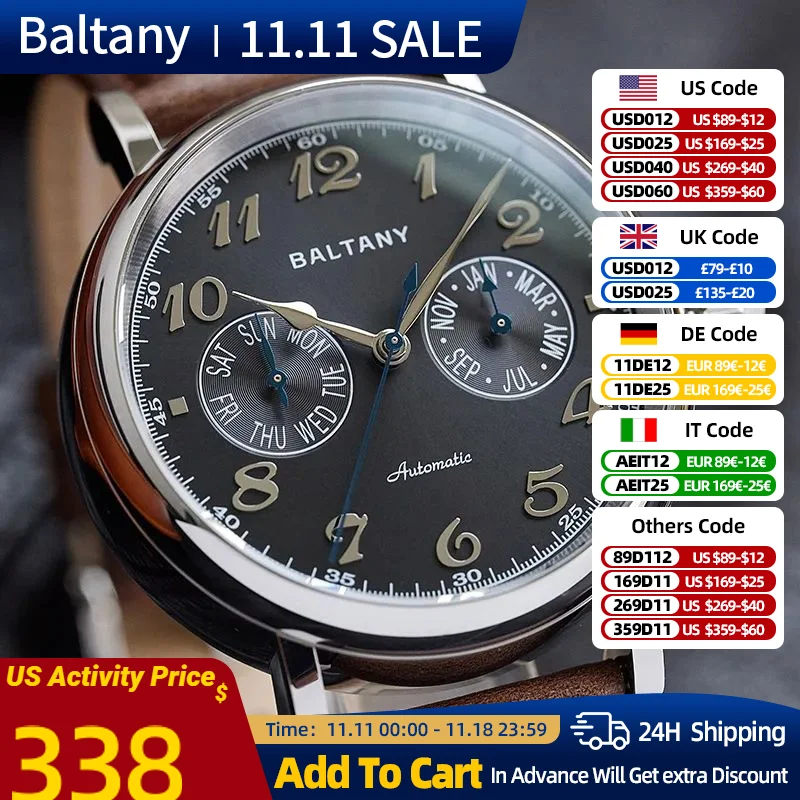 Baltany Week Month Function Watch Miyota 9122 Movement Vickers 500HV 50M Waterproof Sapphire Crystal Men's Mechanical Watches