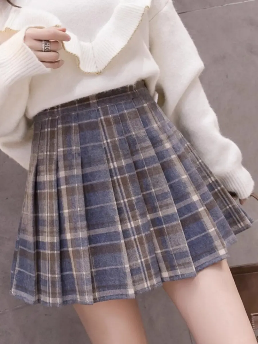 2026 Autumn New Straight-leg Denim Sexy Pleated Skirts Loose Casual Style High-waisted Plaid Elegant Woolen A-line Skirts D950