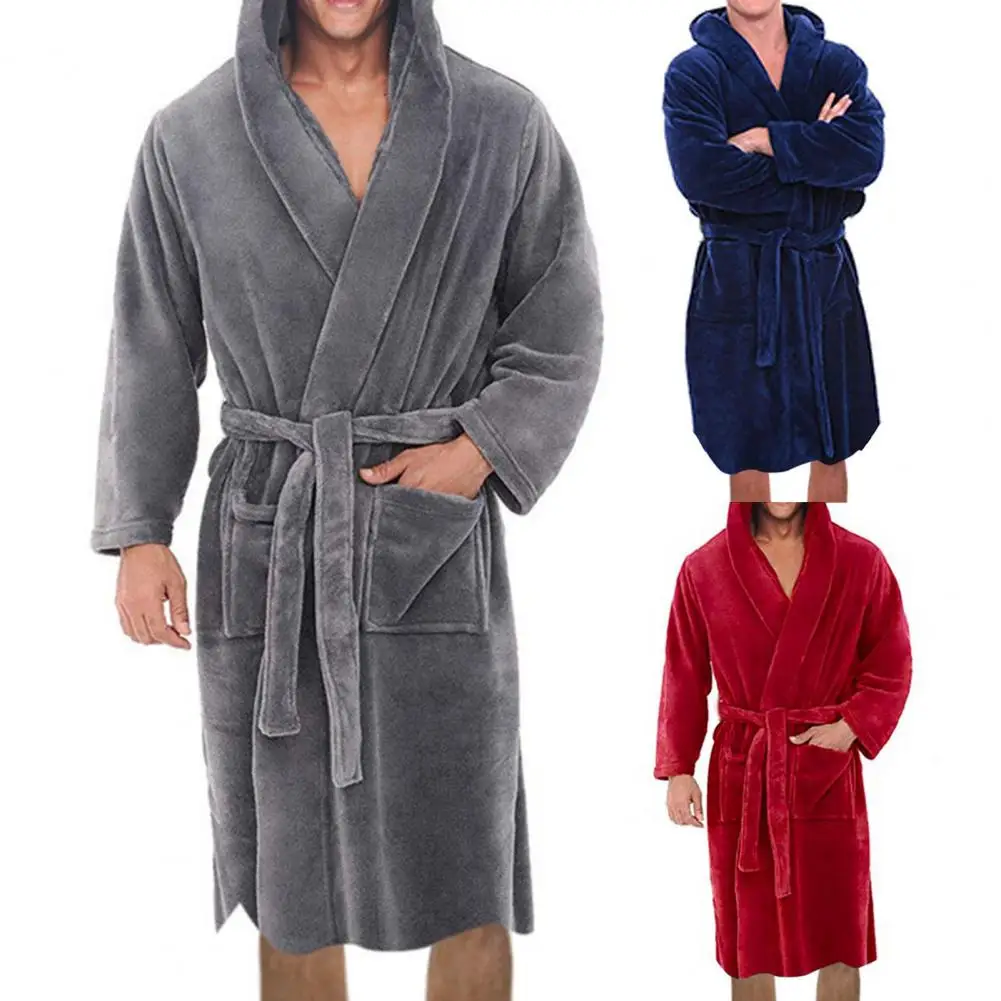 

Зимний мужской фланелевый Халат свободного покроя с капюшоном, однотонный фланелевый банный халат с поясом, Мужская теплая ночная рубашка с капюшоном и карманами, домашняя одежда, одежда для сна