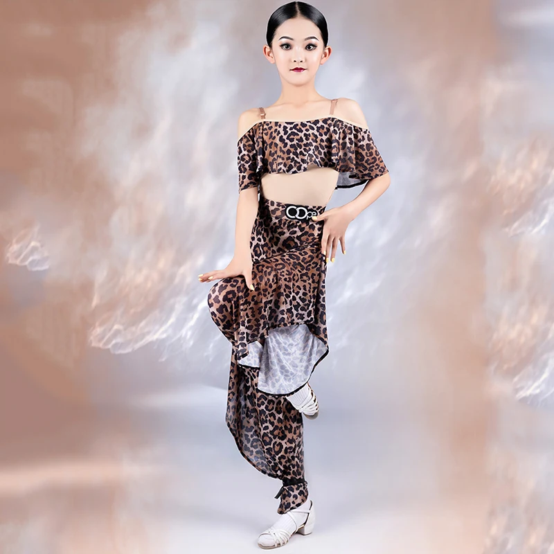 2023 Girls Latin Dance Clothes Leopard Suit Tops Split Pants Cha Cha Practice Wear Kids Latin Competition Show Clothing BL10293