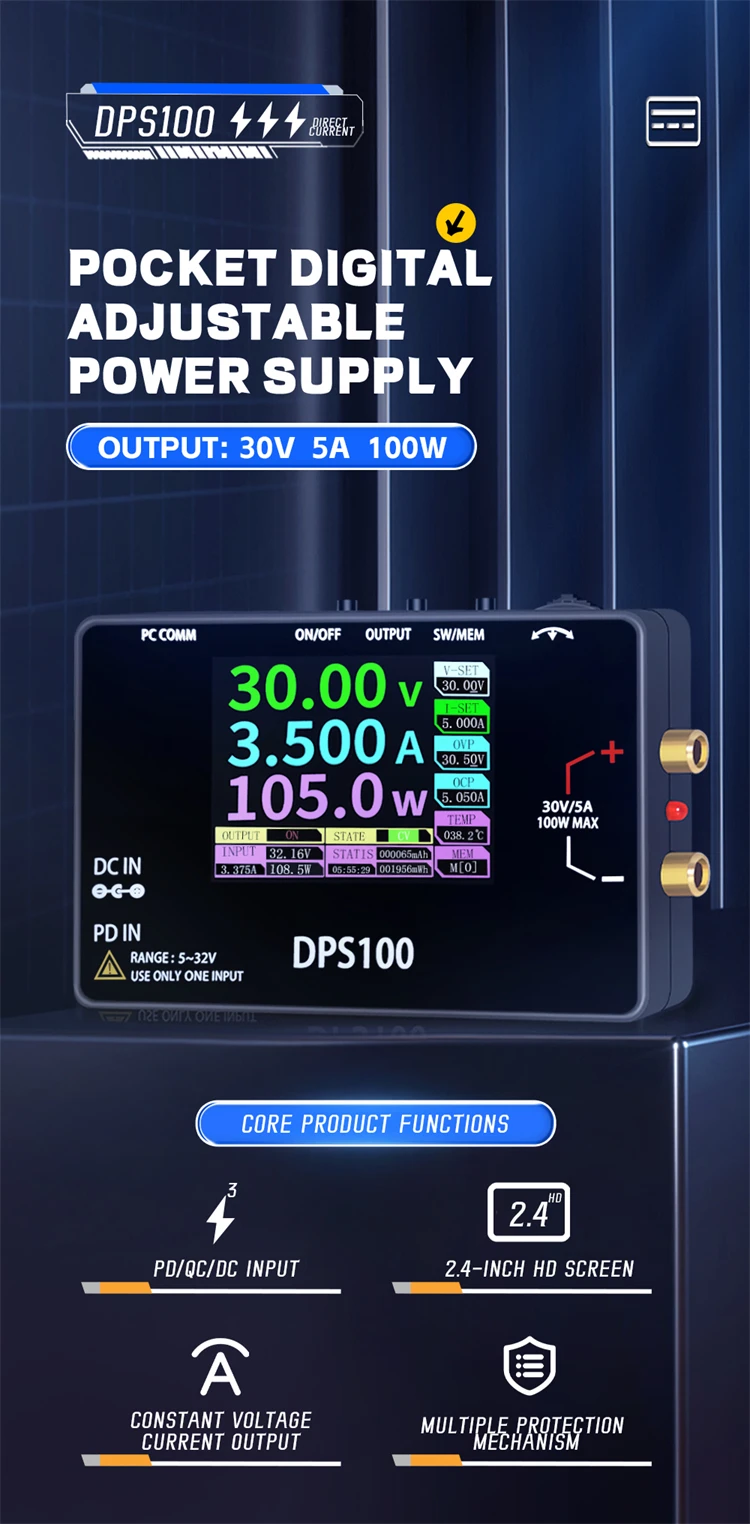 DPS100 Pocket Laboratorium DC Voeding 30V 5A 100W Instelbare Spanning Regulator Bank Switching PD QC