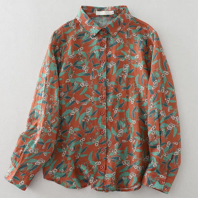 

New Arrival 2024 Spring Autumn Arts Style Women Long Sleeve Turn-down Collar Casual Shirts Vintage Print Cotton Linen Blouse