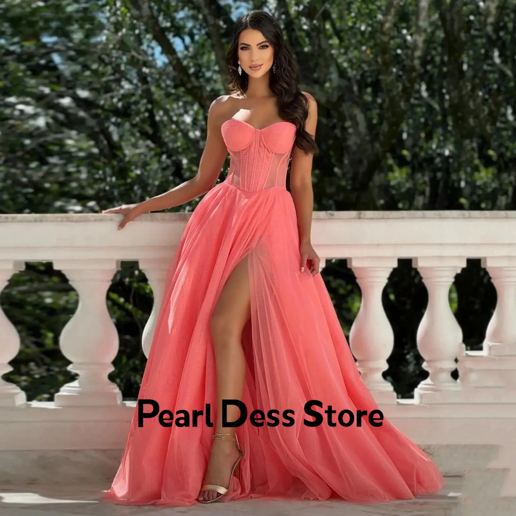 Fairy sheer ball dress pleated A-line heart-shaped high leg slit formal special wedding evening dress for women