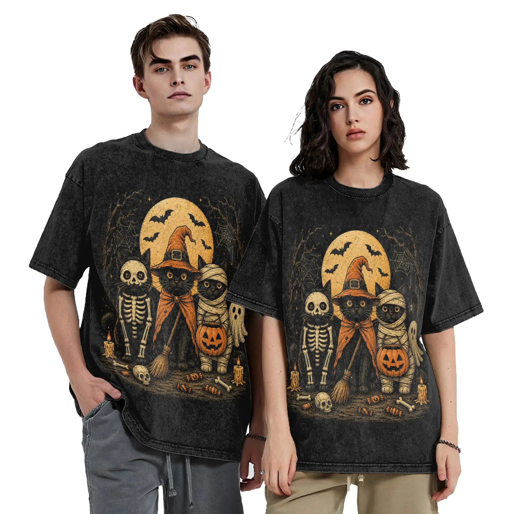 Retro Black Cat Witch Scary Washed T Shirt Streetwear Hip Hop T-Shirt Halloween Pumpkin Tees Tops Men Women 100% Cotton Printed