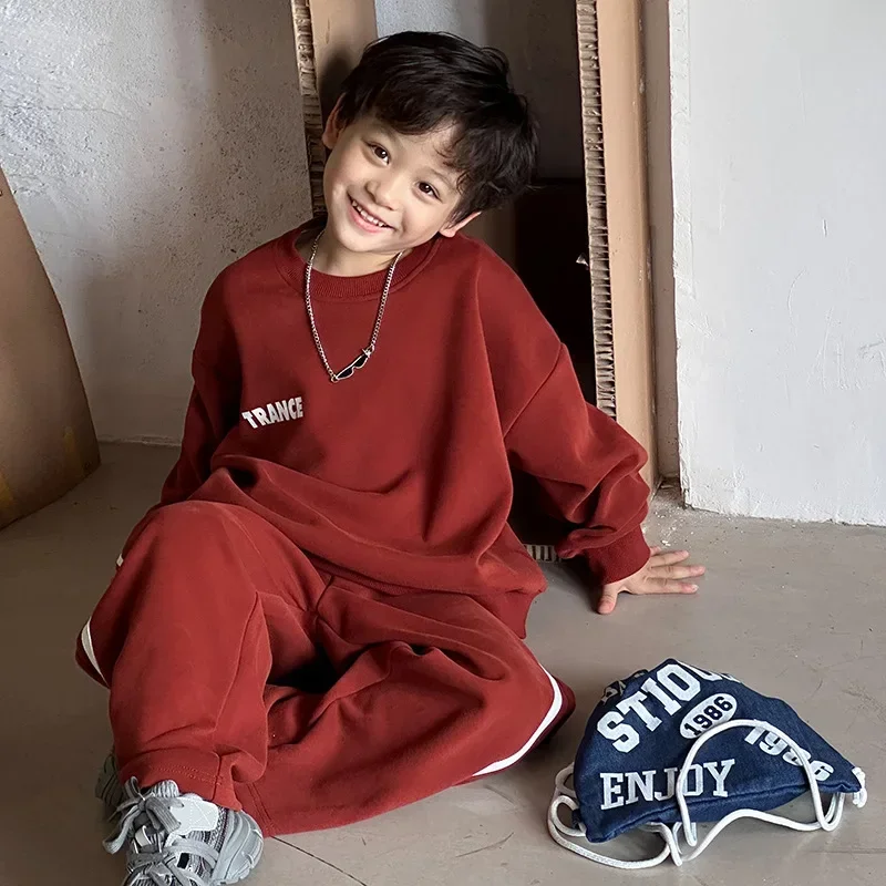 Children Clothes Set 2024 Autumn New Boy Handsome Solid Color Hoodie Fashionable Pants Boys Handsome Two-piece Set