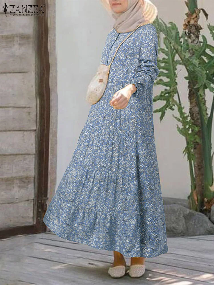 2023 ZANZEA Fashion Floral Print Muslim Dress Women Casual Loose Ruffle Abaya Sundress Kaftan Robe Femme Vintage Maxi Vestidos