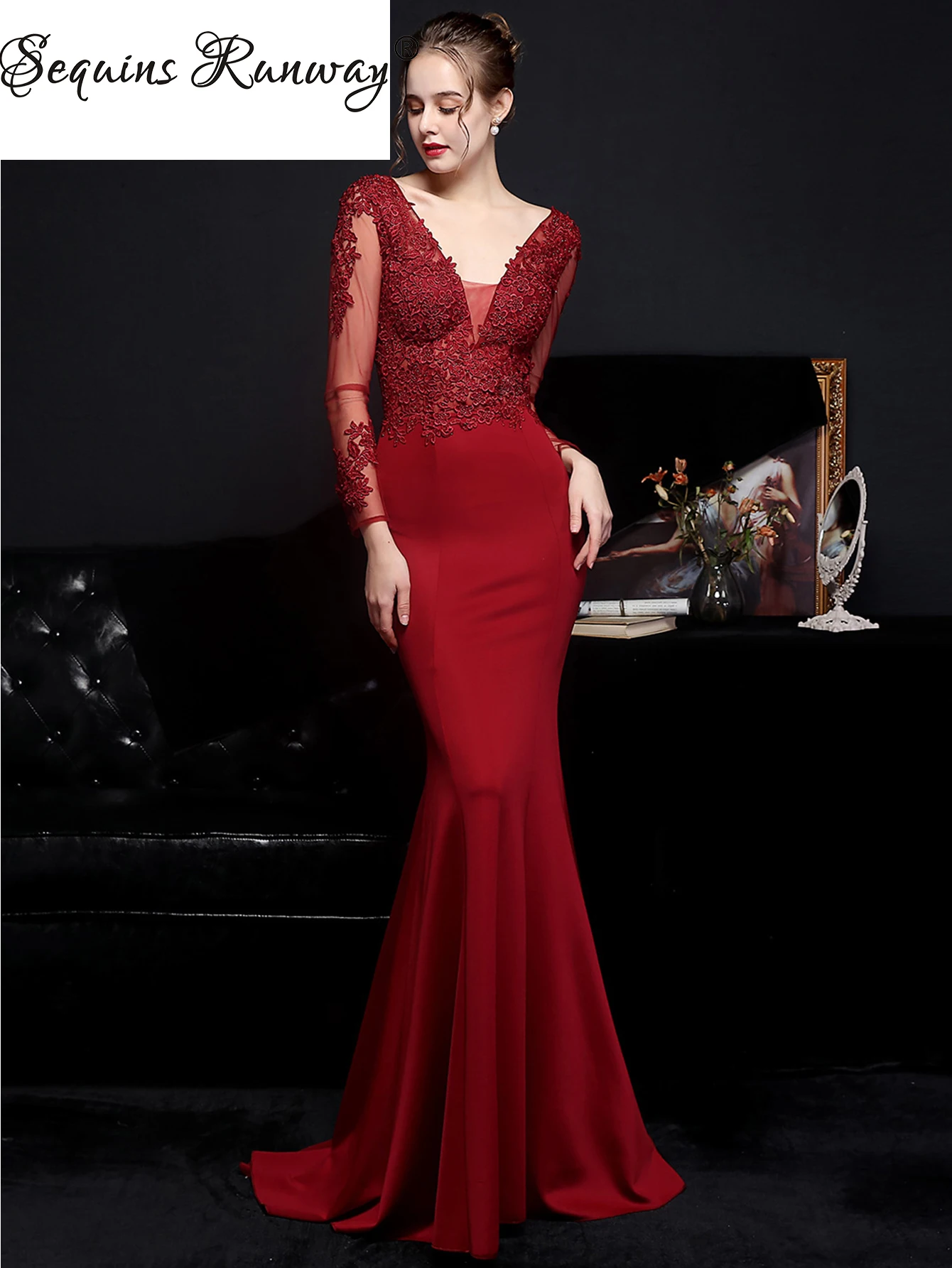 

Sexy see through lace maxi summer dresses for women luxury wedding party dress elegant prom long sleeve evening dresses vestido