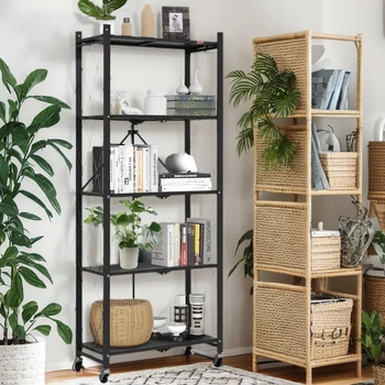 5 Tier Metal Storage Rack with Wheels Folding Shelve Bookcase Household Kitchen Shelf Multipurpose Mobile Trolley Organizer Rack