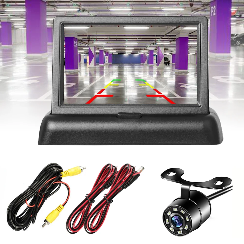 

4,3-дюймовый универсальный автомобильный монитор с камерой резервного копирования и 8 светодиодами, комплект монитора для автомобилей, грузовиков, автофургонов для мини-фургонов — простая установка