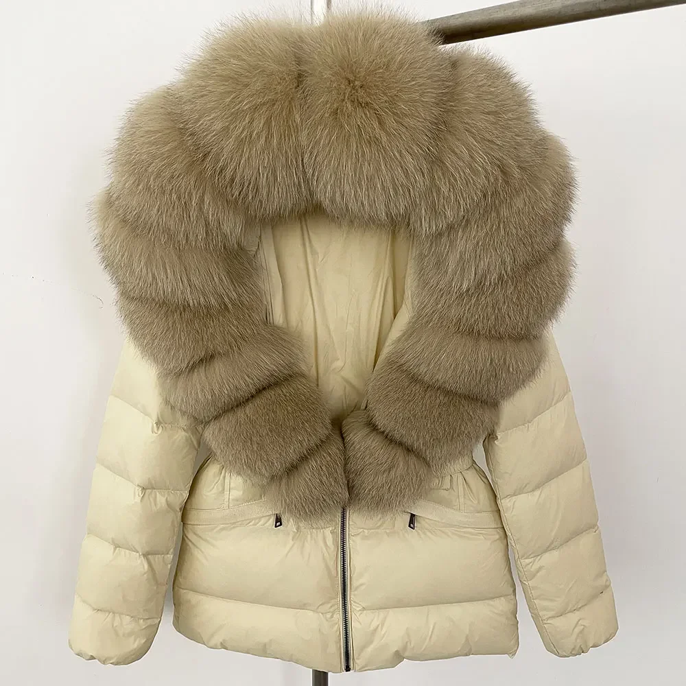 Moda nova 2025 inverno puffer jaqueta feminina pele de raposa real com capuz grosso quente 90% pato branco para baixo casaco feminino parkas à prova dwaterproof água