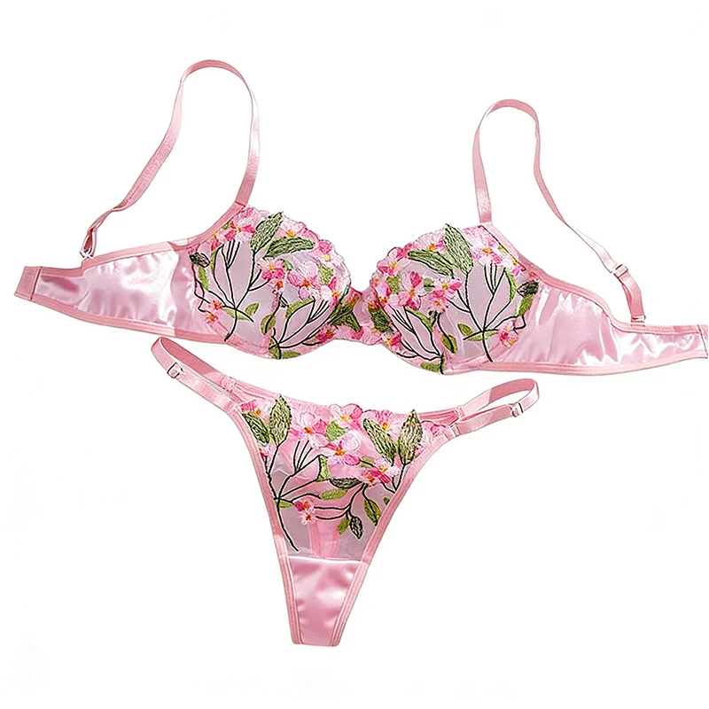 

Sexy Lingerie Female Floral Embroidery Mesh Underwear Ultra Thin Bra Sets Sweet Pink Erotic Lingerie Translucent Lingerie Set