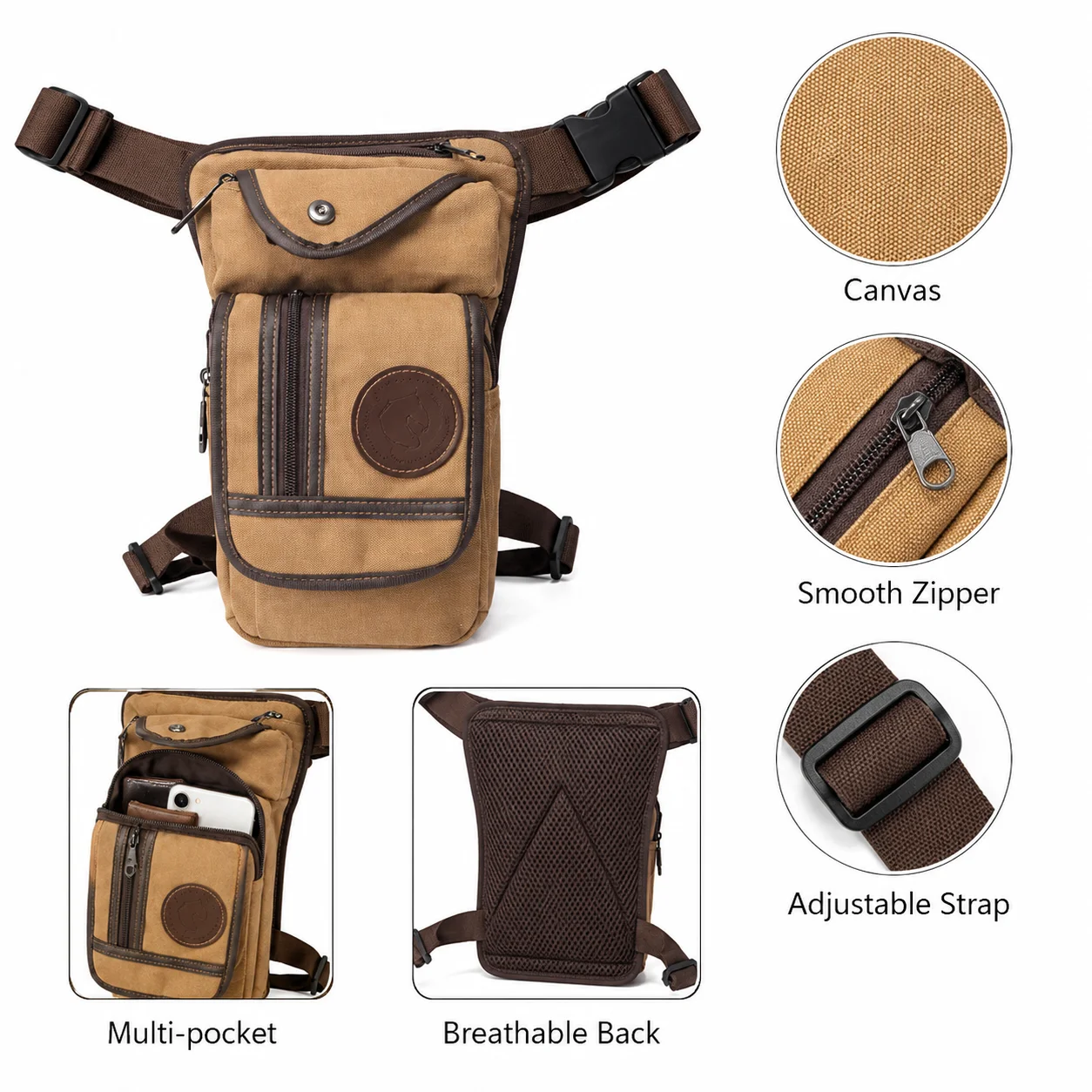 Vintage Canvas Leg Bag for Men & Women, Multi-Pocket Thigh Waist Bag, Outdoor Travel Messenger Bag, Adjustable Strap Tactical view 5