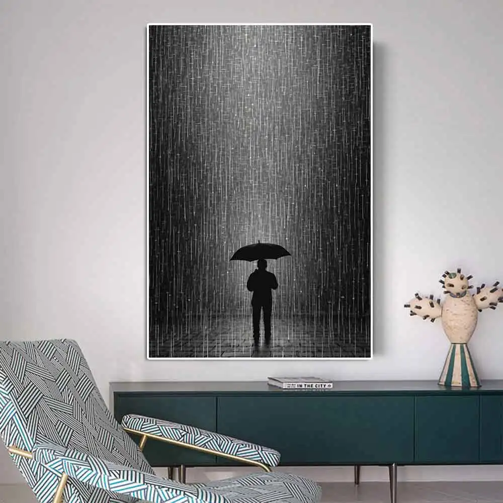 Abstract Standing In The Rain Poster Man With Umbrella Print Modern Trendy Canvas Painting Minimalism Wall Art Living Room Decor