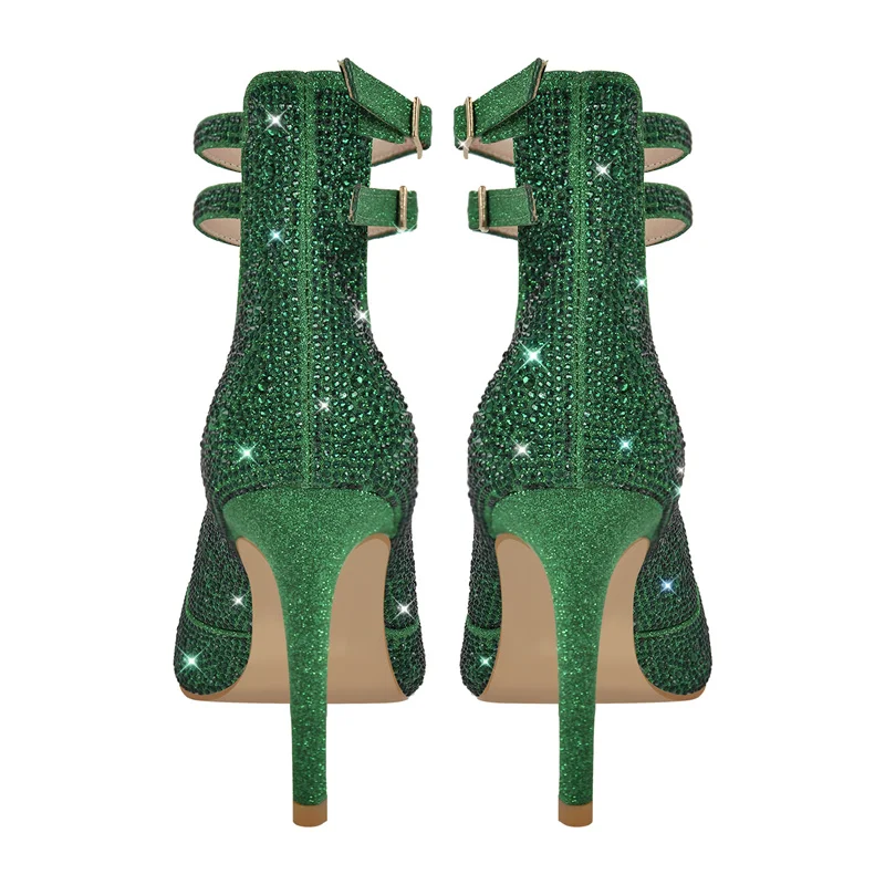 Onlymaker Women Green Pointed Toe Rhinestone Ankle Straps Pointed Toe Pumps 10CM High Heel  Party Dress Big Size Heels