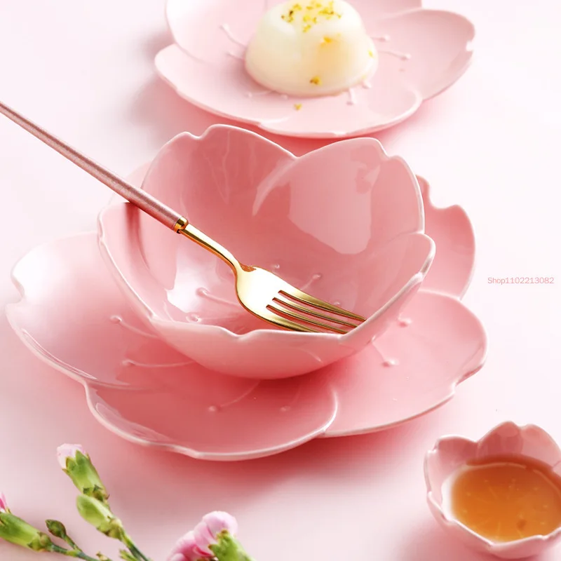 Sakura Shape Tableware Japanese Ceramic Odd-shaped Plate Bowl Dessert Fruit Breakfast Bowls and Dishes