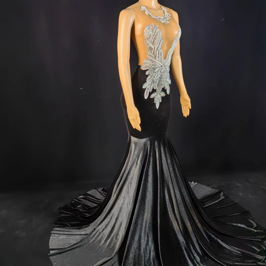 

Sparkly Rhinestone Velvet Long Dresses Women Evening Gown Wedding Birthday Party Prom Floor-length Dress Club Performance Wear