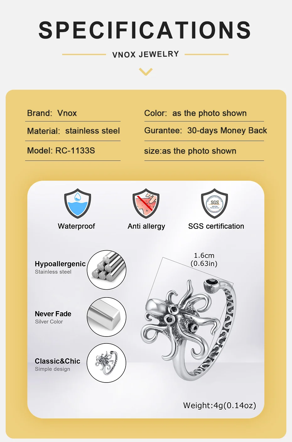 Vnox Vintage Edelstahl Oktopus-Ring, Punk-Tier-Ring für Männer und Frauen, Offener Verstellbarer Unisex-Schmuck Geschenke Größe 5-8 – Detail 5