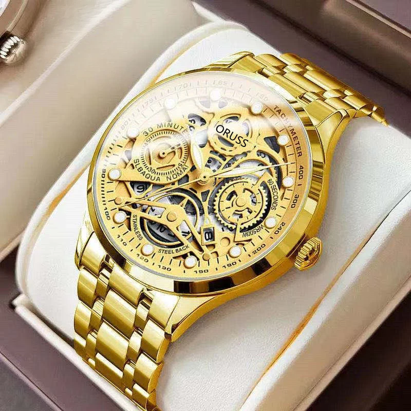 Men's Quartz Watch Male Business Wristwatch Hollow Dial Calendar Luminous Display Steel Band Waterproof Fashion Casual Watches
