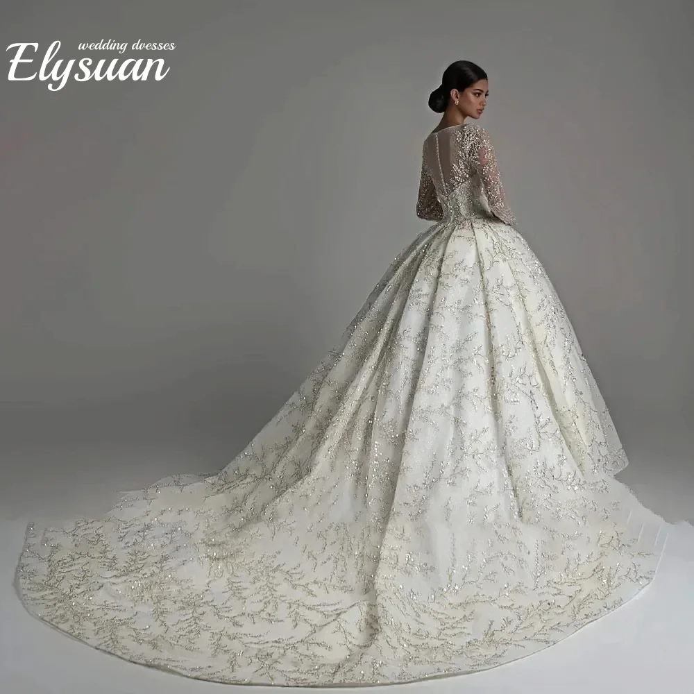 فساتين زفاف مخصصة بأكمام طويلة فساتين زفاف الأميرة الكرة ثوب الزفاف س الرقبة الدانتيل رداء دي ماري فيستدو دي نوفيا