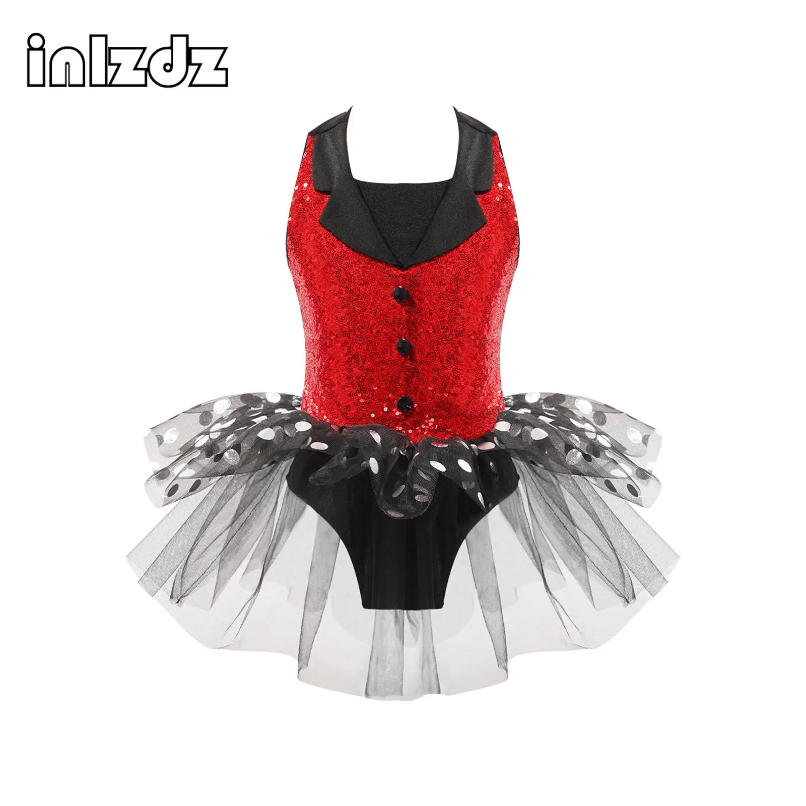 

Kids Girls Tutu Mesh Dance Dress Sleeveless Suit Style Turndown Collar Straps Hollow Back Sequins Polka Dots Print Dancing Wear
