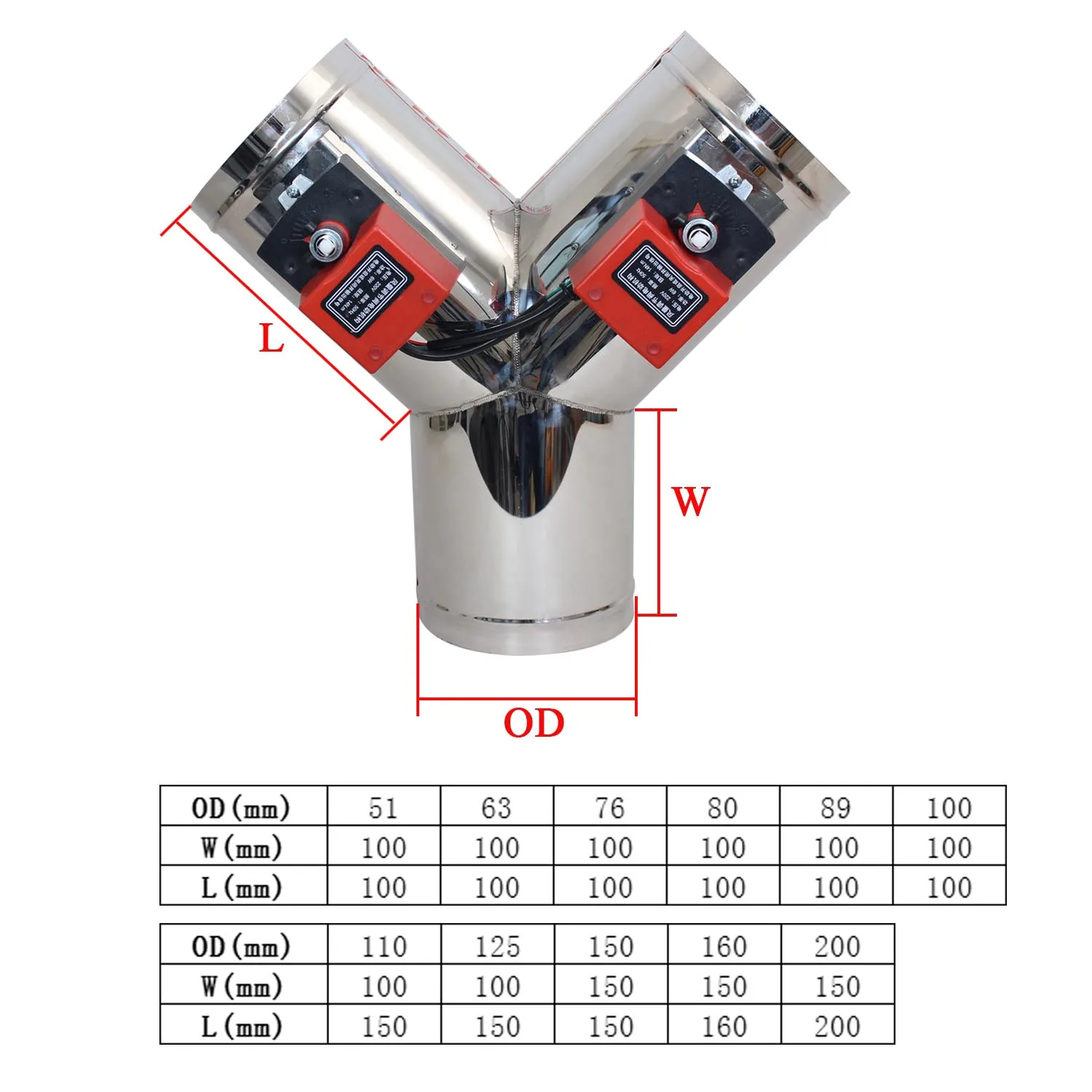 Y-Type AC220V Stainless Steel Motorized Vent Register Air Duct Damper OD51mm to 150mm Ventilation Valve