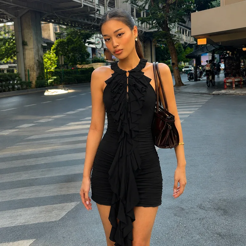 

TARUXY Elegant Ruffled Halter Dress Women Sleeveless Solid Slim Sexy Ruched Stylish Cropped Dress Summer New Party Street Dress