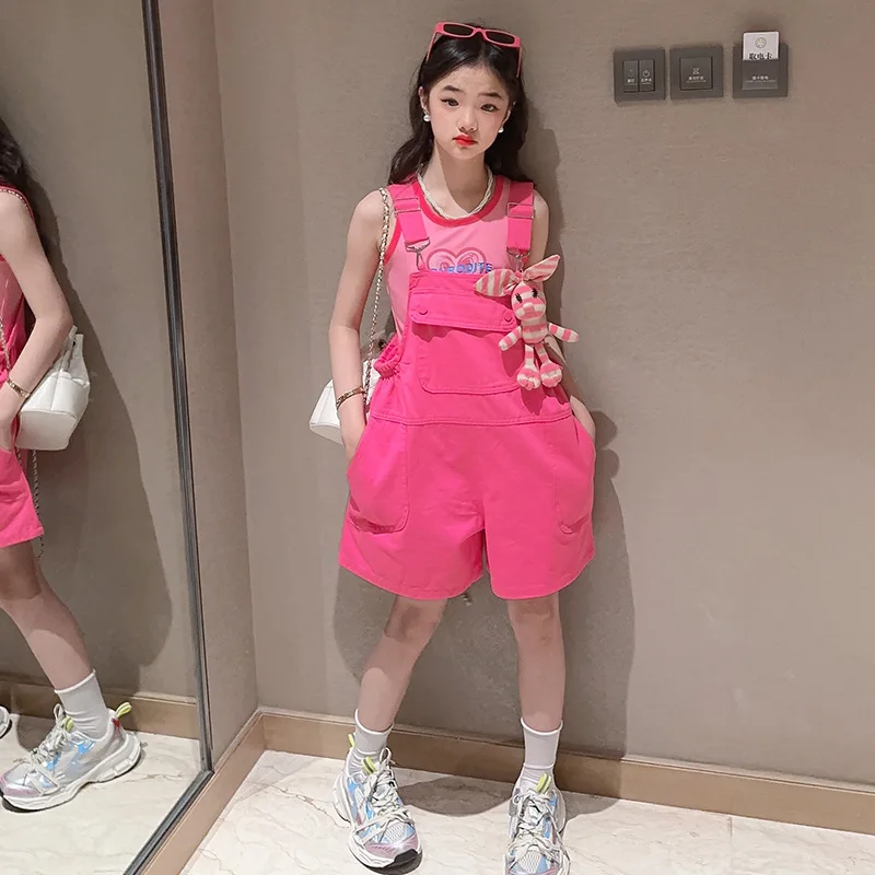 

Korean Summer Children Girl 2PCS Clothes Set Teenager Girl Sleeveless Tops+Denim Suspender Shorts Junior Girl Backband Pants Set