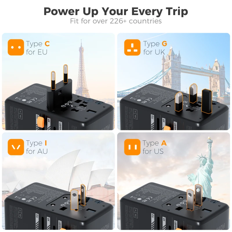 TESSAN 85W GaN Universal Travel Adapter with Retractable USB C PD Cord Fast Charge All-in-one Worldwide Charger for EU/UK/US/AUS