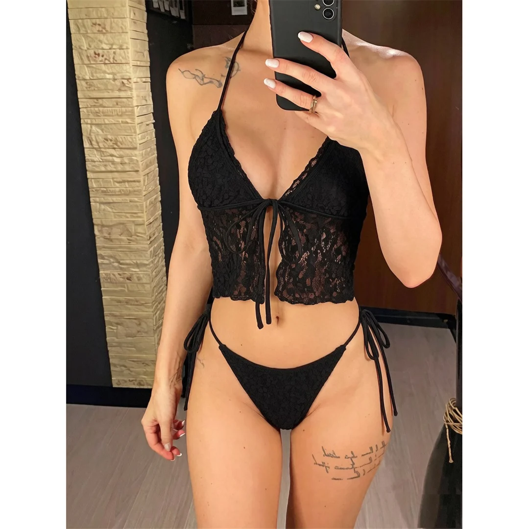 Tankini mit Blumenmuster, Neckholder-Bikini, Damen-Badebekleidung, zweiteiliger Bikini-Set, gepolsterter Badeanzug, Badeanzug, Schwimmbekleidung V8399 – Detail 2