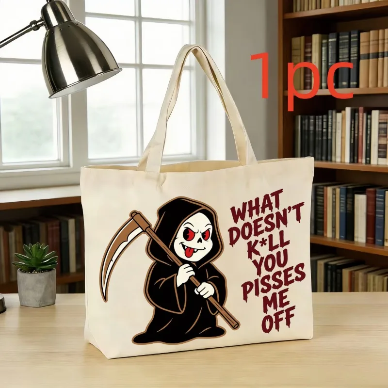 

1pc Grim Reaper-themed Single-Shoulder Canvas Bag, Daily Storage Bag, Large Capacity Tote